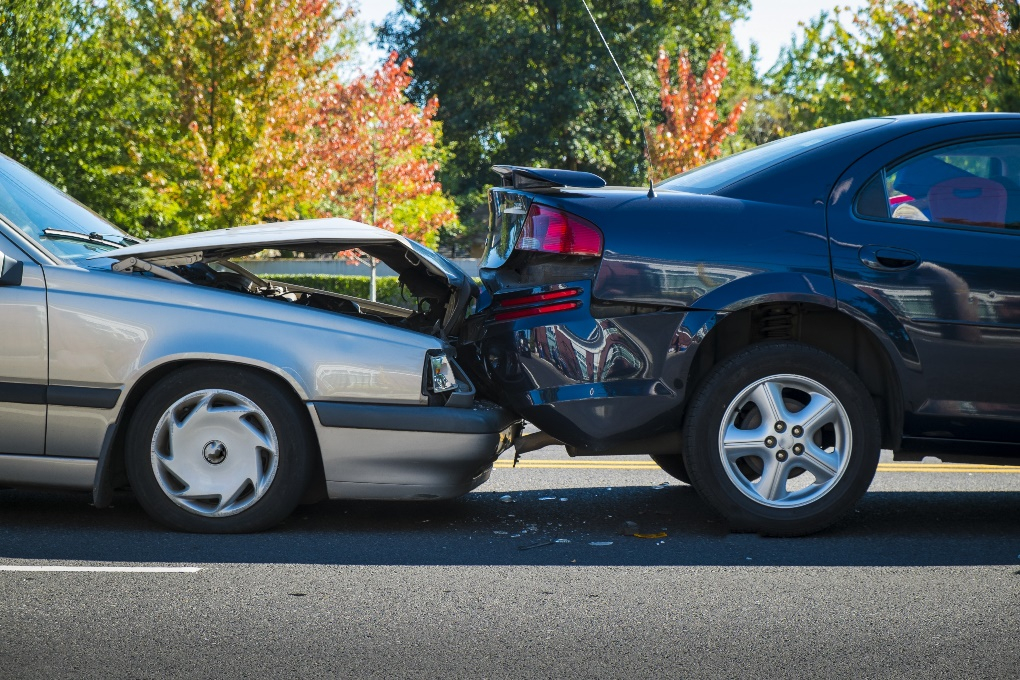 A car that has been hit by another car.