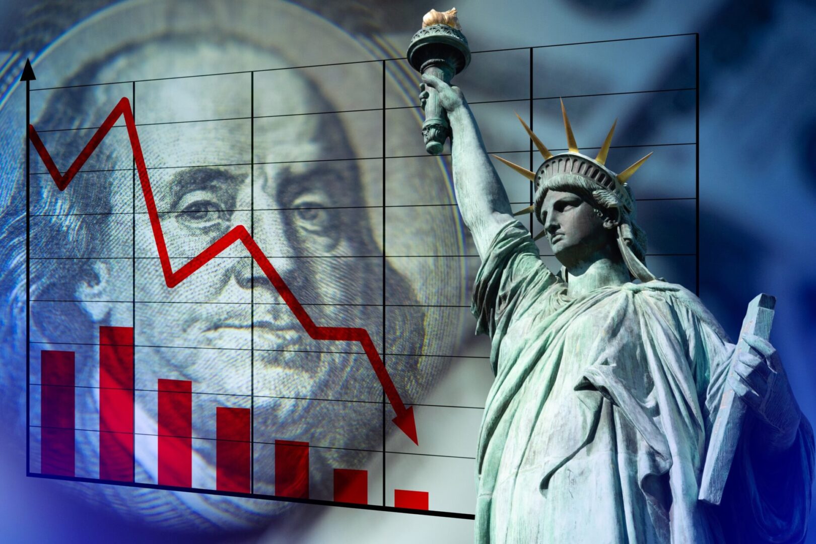 A statue of liberty and a red line graph