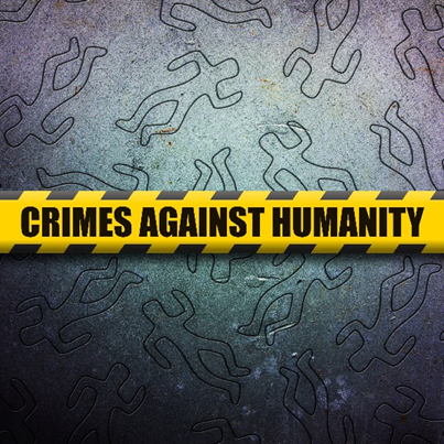 A yellow tape with the words crimes against humanity written on it.