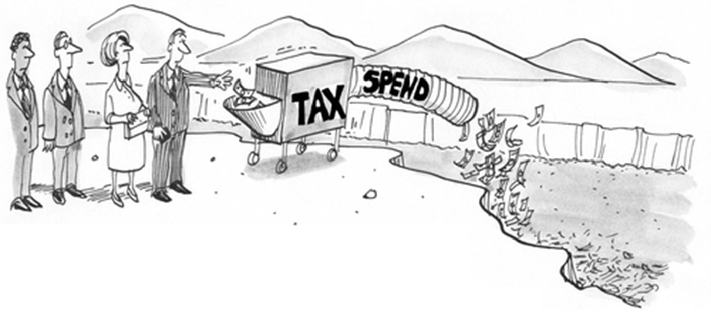 A cartoon of a box with the word " tax spend " written on it.