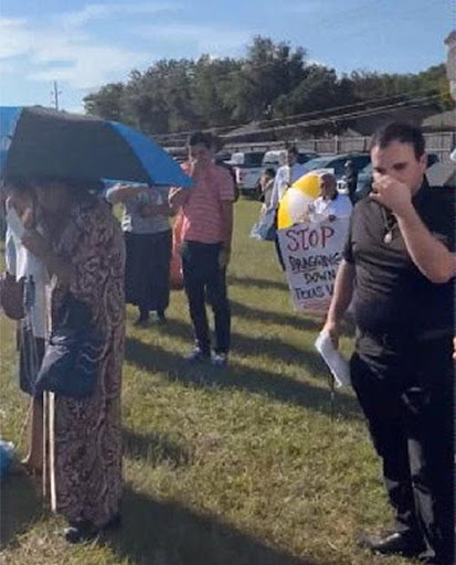 A group of people standing in the grass holding umbrellas.