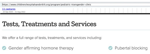 A screen shot of the website for pediatric transgender clinic.