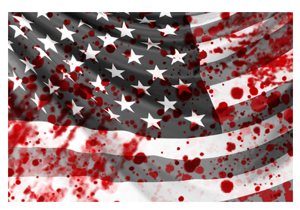 A red and white american flag with blood splatter.