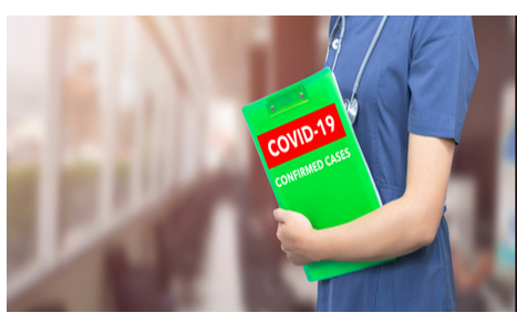 A person holding a green folder with the words " covid-1 9 confirmed cases ".