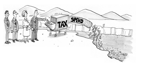 A cartoon of a garbage can with the words " tax spend " written on it.